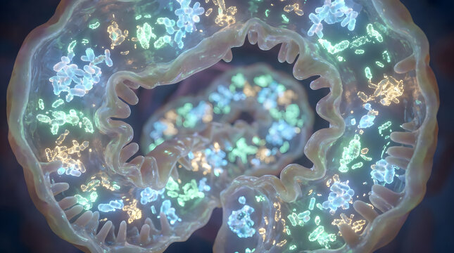 Intestinal villi microstructure. Gut microbiome bacteria and nutrient absorption. Gastroenterology and digestive health concept.