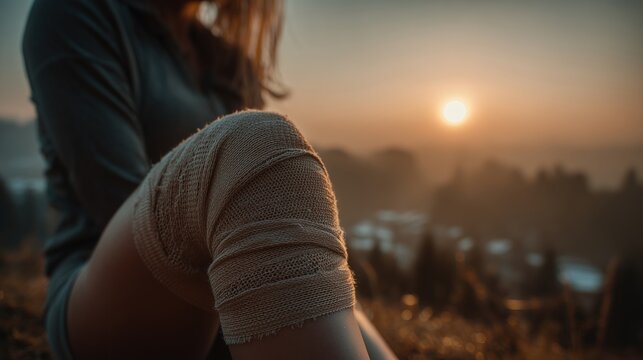 Athlete with an elastic bandage on the knee jogging slowly in a park at sunrise, symbolizing recovery, resilience and a healthy new beginning
