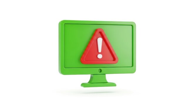 3d render of a green computer monitor displaying a red warning triangle with an exclamation mark isolated on white background