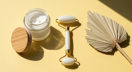 Fototapeta premium White jade facial roller and a jar of cream with a dried palm leaf on a yellow background