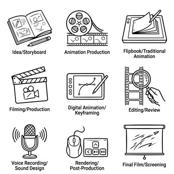 Collection of Icons Representing Animation and Film Production Stages.