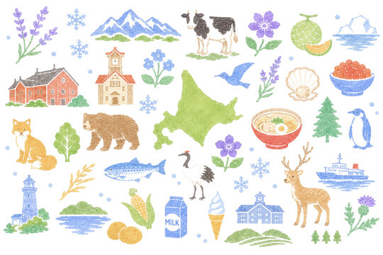 北海道イメージのスタンプ風イラストセット