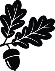 Black silhouette of an oak branch with two leaves and an acorn on white background Keywords: oak, branch, leaves, acorn, silhouette, black © MdMominur