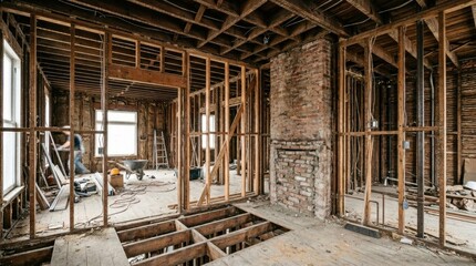 Naklejka premium Interior of a house under renovation with exposed wooden studs and brick chimney.