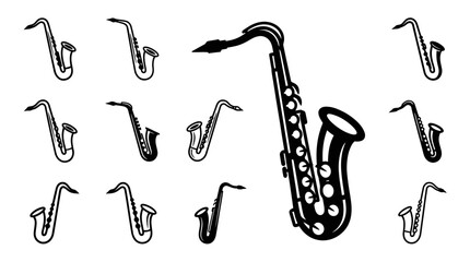 Saxophone Collection: Jazz Instrument Silhouettes and Detailed Illustration © khami