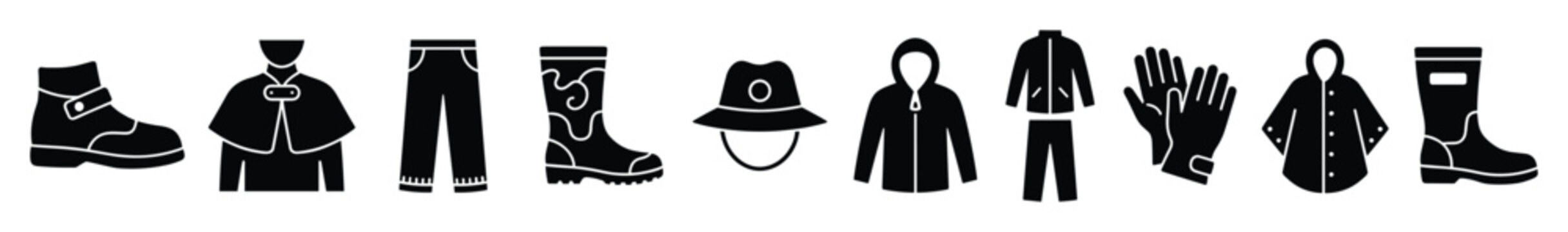 Protective workwear clothing icons. Outdoor apparel symbols set. Rain gear uniform collection. Flat style icon set.