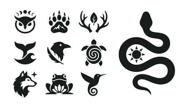 Nature Spirit Animal Icons: Owl, Bear Paw, Antlers, Whale Tail, Raven, Turtle, Wolf, Frog, Hummingbird, Snake Sun