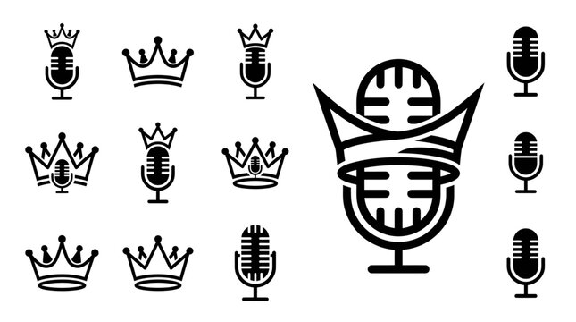 Microphone Crown Icons Set: Royalty, Podcast, Music, Audio, Voice, Studio, King, Queen