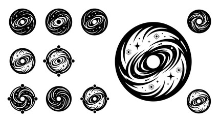 Cosmic Galaxy Orbits Swirls Stars Black and White Vector Icons Set © khami