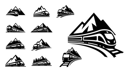 Mountain Train Icons Set: Vector Illustrations of Locomotives and Peaks © khami