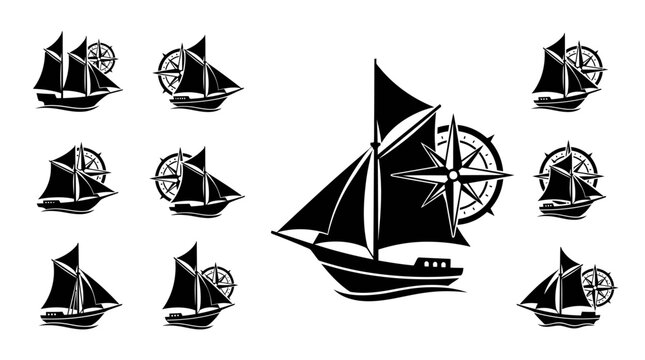 Sailing Ship Silhouette Collection with Compass Rose