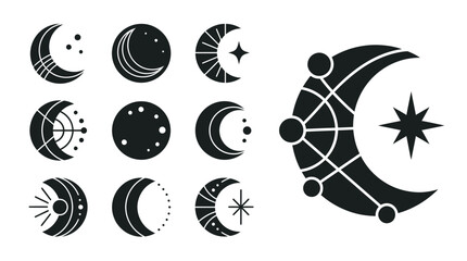 Celestial Moon Phases Icons Set, Crescent Moon, Stars, Cosmic Symbols, Astrology, Vector Graphics © khami