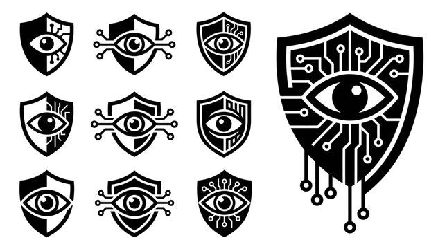 Digital Security Shield Icons with Eye and Circuitry - Cybersecurity and Surveillance Concepts