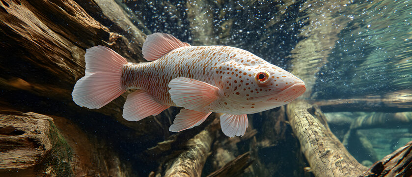 The Chitala chitala fish is a large, reddish-white fish with brown spots. Background illustration of marine animals.