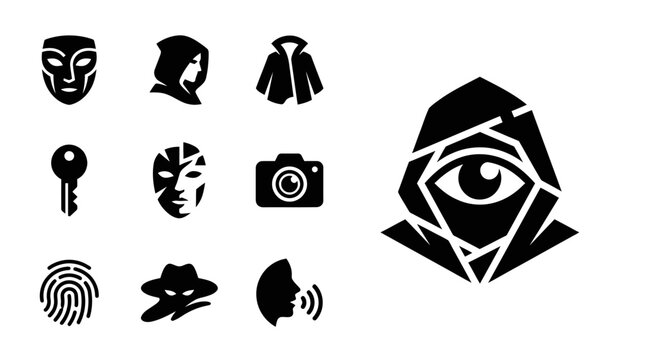 Mystery Icons: Mask, Spy, Camera, Eye, Fingerprint, Key, Cloak, Silhouette