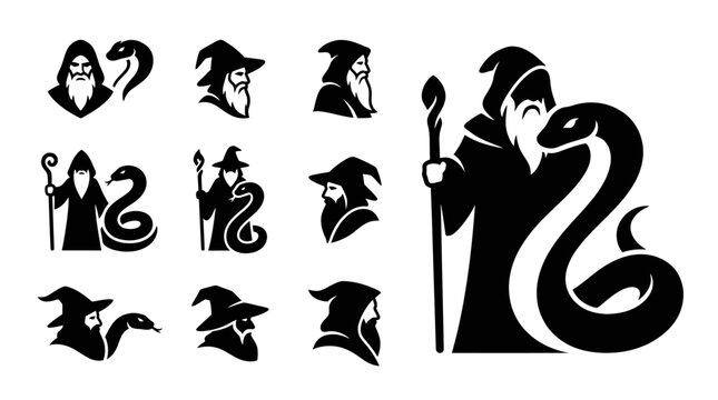 Mystic Sorcerer Wizard Snake Icon Set Silhouette