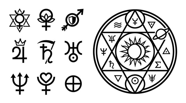Astrology Symbols and Celestial Magic Circle with Sun and Planets