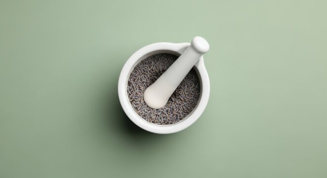 Top view of a white mortar and pestle filled with dried lavender flowers on a soft sage green background