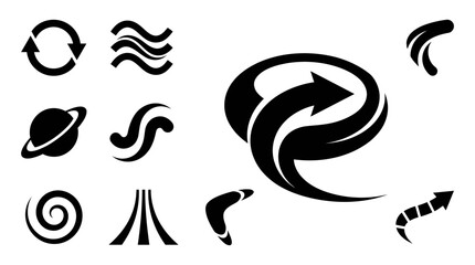 Abstract Black Icons and Symbols Set: Arrows, Waves, Planet, Swirl, Boomerang © khami