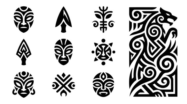 Tribal Symbols: Masks, Arrows, Animals, Ornaments, Polynesian Maori Art Vector Set