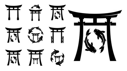 Japanese Torii Gate Icons with Koi Fish Silhouette Collection © khami