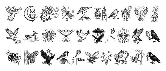 Obraz premium Nature and fantasy outline icon collection. Hand drawn symbols. Doodle vector art. Diverse graphic elements.