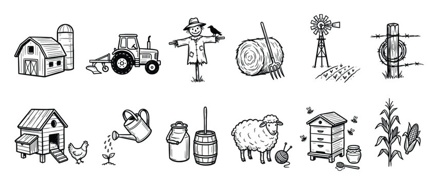 Farm icons set. Agriculture symbols collection. Rural elements. Outline icon collection. Vector illustration