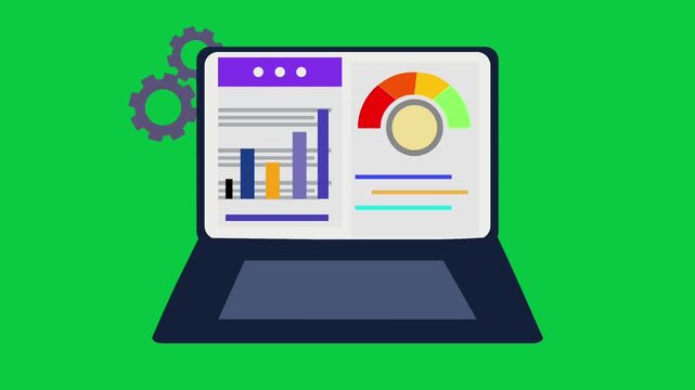 Business Analytics Dashboard on Laptop Screen with Green Screen Background Animation