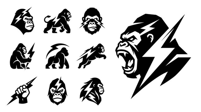 Angry Gorilla Lightning Bolt Icons Set, Powerful Primate Vector Graphics