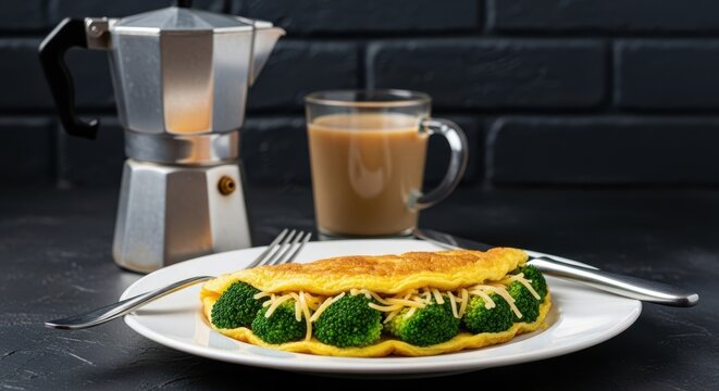 A delicious broccoli and cheese omelet served on a white plate with a moka pot and coffee on a dark background