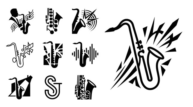 Saxophone Icons and Graphics: Jazz Music, Sound Waves, and Abstract Designs