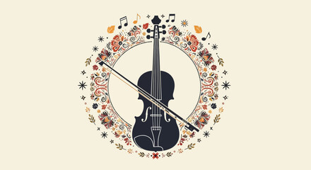 Violin and Bow with Floral Wreath and Musical Notes © Azrha