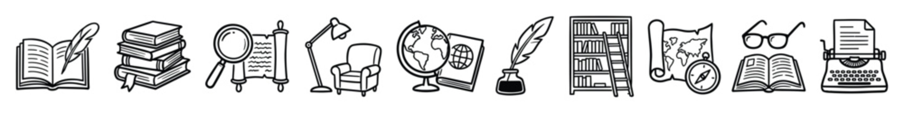 Knowledge and study outline icon collection. Learning and education line art symbols. Research and literature vector illustration.