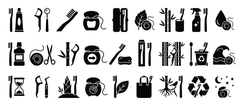 Dental hygiene flat icon set. Oral care symbols collection. Ecofriendly dental products stock vector.