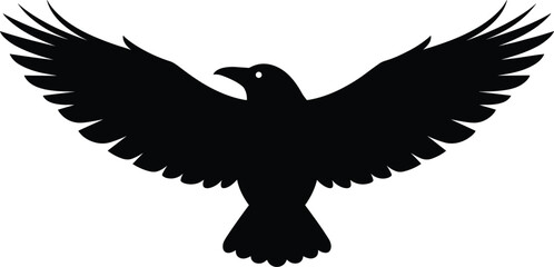 Obraz premium Black silhouette of a crow with wings spread wide in flight Keywords: crow, raven, bird, silhouette, black, wings, spread, flying, soaring
