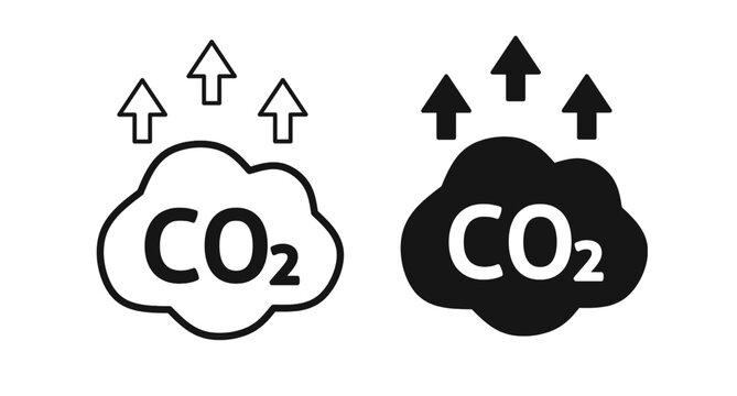 Carbon dioxide emission icon set featuring CO2 cloud symbols with upward arrows