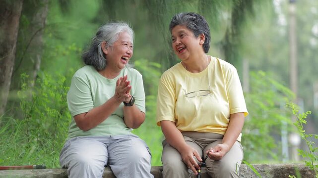 Two elderly Asian women sat laughing and chatting happily on a concrete bridge in a park, showcasing friendship and a healthy lifestyle in retirement.