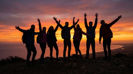 Fototapeta premium Group of Friends Celebrating Success on Mountain Summit at Sunset