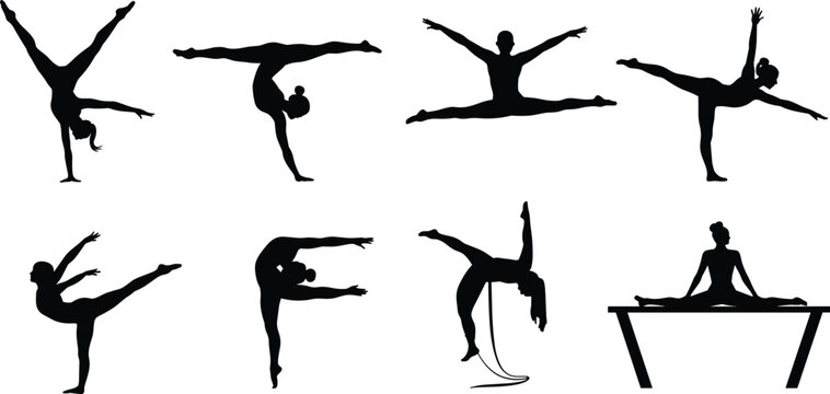 Silhouette collection of female gymnasts performing various athletic poses and stretches gymnastics woman