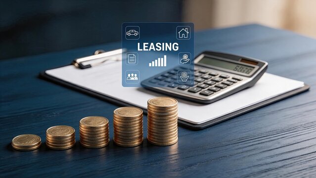 Leasing financial concept with stacks of gold coins growing in height next to calculator and documents with icons for car and home rental services