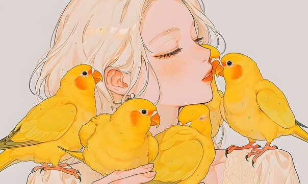  a fair skinned woman with white blonde hair, eyes closed, tenderly holding a flock of five small yellow parrots.