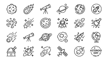 Space Icons Set: Planets, Astronaut, Rocket, Telescope, Earth, Asteroid, Comet, Satellite © Embun