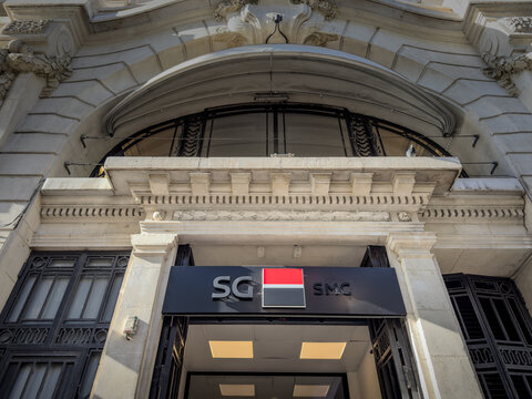 MARSEILLE, FRANCE - SEPTEMBER 29, 2025: SG SMC sign at a bank branch entrance, showing Societe Generale and Societe Marseillaise de Credit, a marseille bank bought by socgen.