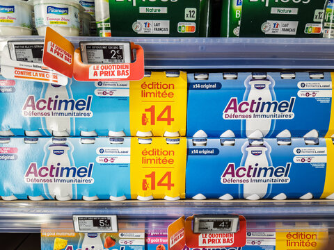 LA LONDE, FRANCE - OCTOBER 2, 2025: Actimel packs by Danone on a refrigerated supermarket shelf in la londe, france, Actimel is a popular probiotic cultured yogurt shot produced by Danone.