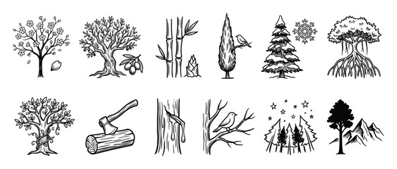Fototapeta premium Hand drawn tree icons. Nature plant symbols. Forest elements collection. Outline icon collection. Vector illustration.
