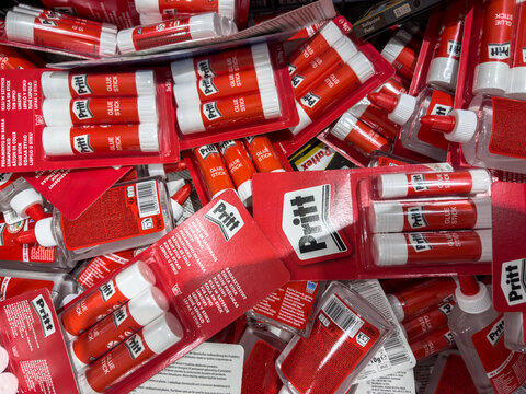 BELGRADE, SERBIA - JANUARY 31, 2026: Pritt logo on glue sticks and adhesive products for sale in a Belgrade supermarket, Part of Henkel, Pritt is a german brand of glue tubes and adhesives.