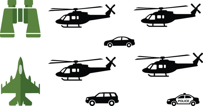 Military and Security Transportation Silhouette Vector Set with Helicopters Aircraft and Patrol Vehicles