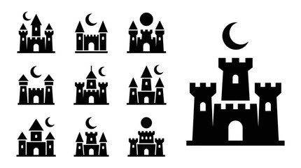 Set of black castle icons with moon and sun, fantasy fortress symbols © khami