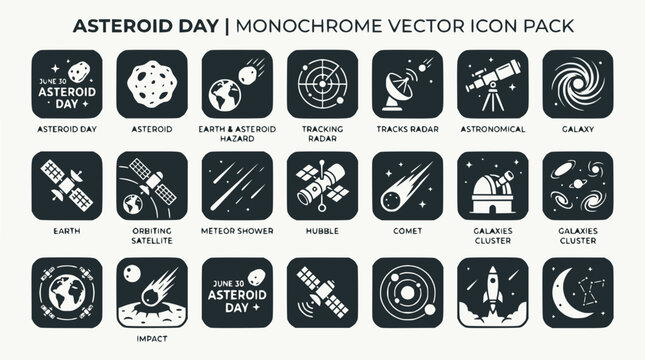 Monochrome Vector Icon Pack for Asteroid Day: Space, Astronomy, Science, Cosmos