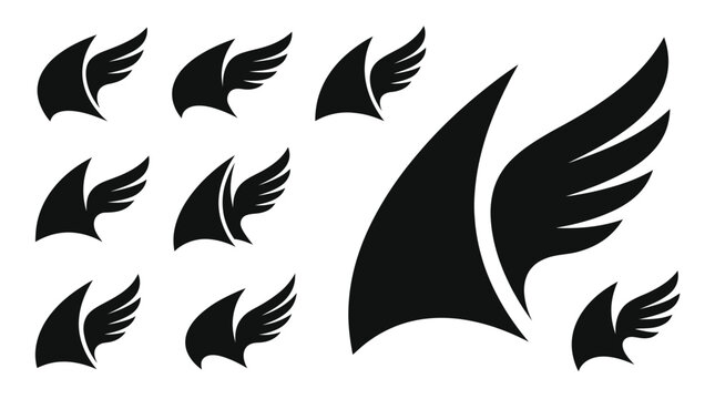 Set of stylized black wings and sail shapes on white background